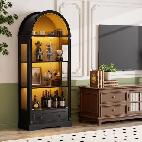Vitrina arqueada de 180 cm de altura, mueble de cocina con puertas de cristal, equipada con tiras de luz LED y cajones vitrina de estilo rústico moderno, apta para salón, cocina y comedor, color negro (1/5)