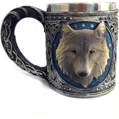 Jarra de cerveza con motivo de cabeza de lobo, 450 ml, acero inoxidable, taza ideal para café/agua para la oficina, el hogar, el bar, el restaurante o como regalo de Halloween. (1/5)