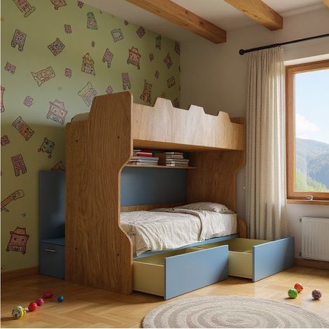 Letto a castello con scala contenitore e terzo letto estraibile - Cameretta salvaspazio - Quercia e Avio