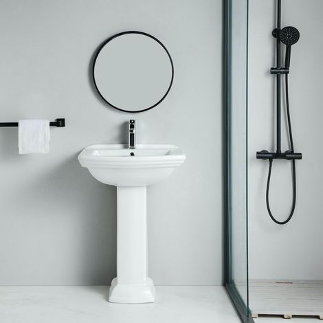 Rogier&Mothes – Lavabo sur colonne rétro 60 cm en céramique blanche – 1 trou de robinetterie pré-percé – Dimensions : l. 61 cm x P 47 cm x H 87 cm (1/4)