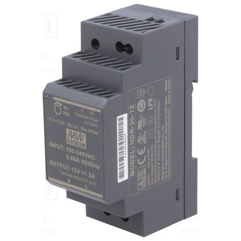 Mean Well – Alimentation à découpage 12V 2A 24W – HDR3012 – Ultra-mince pour rail DIN – Protection contre courts-circuits et surtensions (1/3)