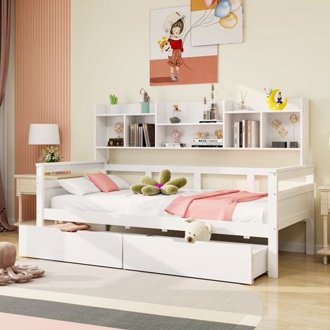 Lit banquette 90/200 cm blanc en bois avec tiroirs et étagères (1/5)