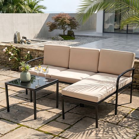 Garden furniture 3-piece balcony furniture set with 2-seater sofa, L-shaped sofa & coffee table, khaki (1/5)