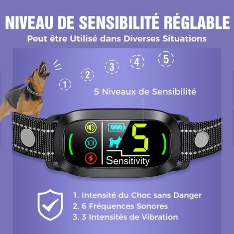 Collier anti-aboiement rechargeable pour chien, 4 modes, 5 niveaux de sensibilité, détection intelligente des aboiements, étanchéité IP67, convient aux chiens de petite, moyenne et grande taille.