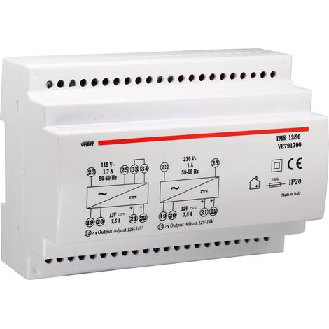 VEMER VE791700 TMS 12/90 - Alimentatore 12V Switching Stabilizzato, Trasformatore con Installazione su Barra DIN, Tensione di Uscita 12 Vdc, Potenza 90 W, Bianco