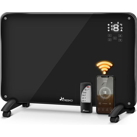 TRESKO Glaskonvektor Glasheizung 2000W APP WiFi schwarz  Elektroheizung elektrisch inkl. Fernbedienung  Konvektor Heizung Heizkörper Touch & LCD-Display  Elektroheizkörper Stand- oder Wandgerät