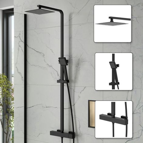 Thermostatic Mixer Shower Rainfall Head Handset Riser Rail Valve Black (1/5)