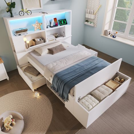 lit enfant rangement LED USB 90x200 bois blanc OKMYHOME
