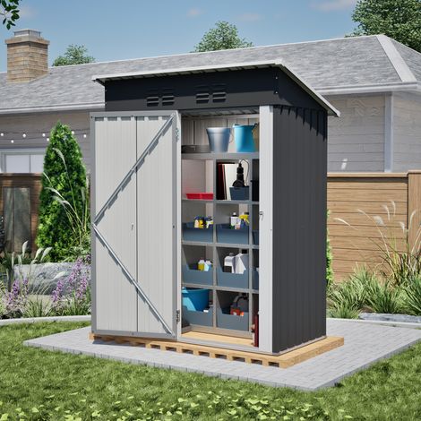 Caseta de jardín compacta de 152,2x83,6x182 cm, puerta metálica con cerradura, sin ventana, acero negro (1/5)