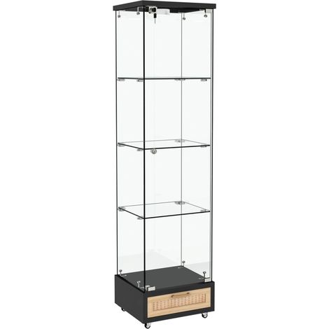 Vitrine en verre trempé avec LED, 1 porte, 4 étagères, 167 x 42,5 x 36,5 cm, noir, sur roulettes (1/5)