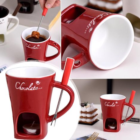 Tasse à Fondue au Chocolat, 200 ML Services à Fondue au Chocolat, Tasse à Fondue au Chocolat en Céramique, Tasse à Fondue avec Fourchette et Bougie À Thé, Tasse à Fondue pour Bonbons et Chocolat (1/5)