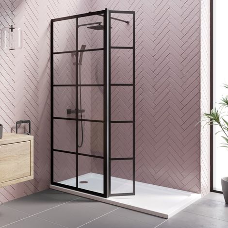 Aquari Grid Wet Room Screen Walk In Enclosure Matt Black 800mm with 300mm Hinged Return Panel 8mm Toughened Safety Glass (1/5)