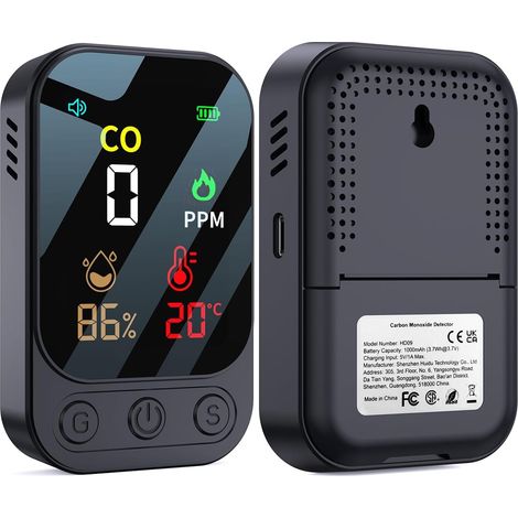 CO-Melder,YEREADW 3-in-1 tragbarer Kohlenmonoxid-Mel,Wiederaufladbarer Kohlenmonoxid-Detektor mit Temperatur- Luftfeuchtigkeitsanzeige, Tragbar für Zuhause, Wohnwagen Camping(Schwarz) (1/5)