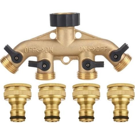 4-Wege-Schlauchverteiler aus massivem Messing mit Absperrventilen, 3/4-Zoll-Wasserhahn und Stromanschlüssen (1/4)