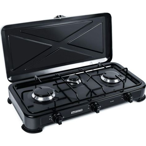 Cuisinière à gaz compacte 3 foyers 2900W – Design noir en acier – Idéale pour petits espaces – Facile à nettoyer et sécurisée – Elprom (1/3)