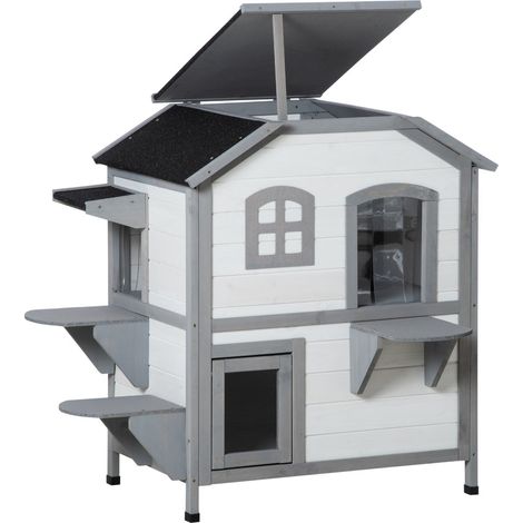 Katzenhaus Aus Holz, Outdoor Katzenhütte Mit Treppe, 2-Etagen, Kleintierhaus Für Katzen Bis 4,5 Kg, Weiß, 78 X 55,5 X 91 Cm