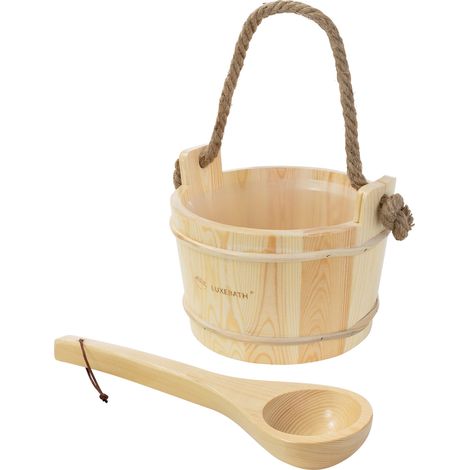 LuxeBath Saunazubehör-Set aus massivem Kiefernholz, Sauna Set 2-tlg, Aufgusskübel mit Kunststoffeinsatz & Schöpfkelle, Saunaeimer 4L mit Seilgriff & Schöpflöffel, Langlebiges Sauna Wassereimer Zubehör