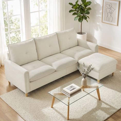 Canapé 3 places avec pouf de rangement, canapé d'angle modulable 210 cm, assise large, tissu aspect lin, crème (1/5)