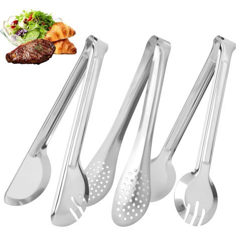 Ensemble de 3 pinces de cuisine JeiibrZui en acier inoxydable - 24 cm - Pinces de service 3 pièces avec motif perforé - Argenté pour buffet et grillades (1/5)