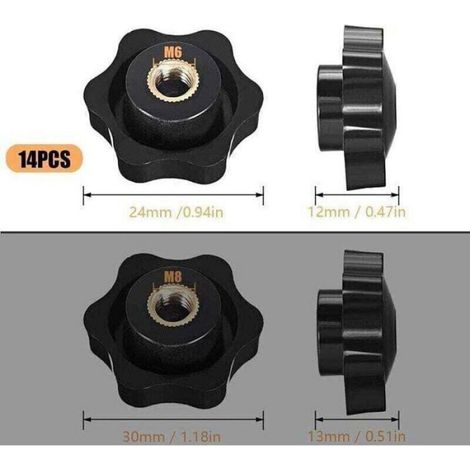 Bouton de serrage étoile - - M6 - 14 pièces - Noir - Diamètre tête 24 mm - Hauteur 12 mm - Plastique et cuivre (1/4)
