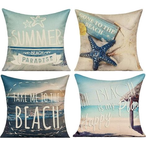 Coussin Décoratif Extérieur 45x45cm Lot de 4 Housses pour Canapé, Chaise Lounge, Salon de Jardin Tissu Tergal Imperméable Motif Océan Étoile de Mer Style Marin Bleu (1/5)