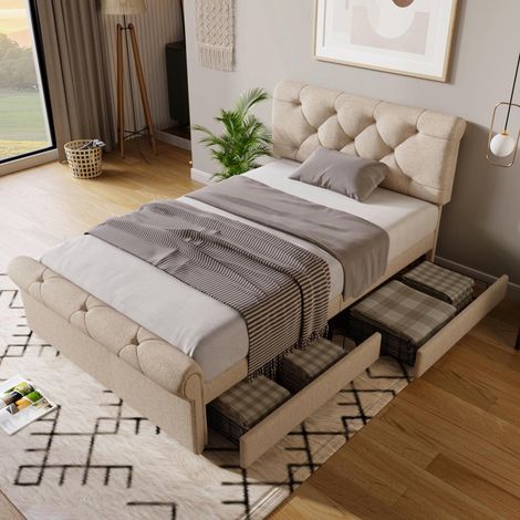 Lit Chesterfield une place rembourrée 90x200cm, cadre de lit avec 2 tiroirs et tête de lit réglable en hauteur, naturel, sans matelas, garantie 2 ans