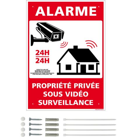 Panneau de signalisation prépercé PVC ou ALU rectangulaire + kit de fixation - Alarme, propriété privée sous vidéo surveillance - ALU 2 mm - 210 x 300 mm