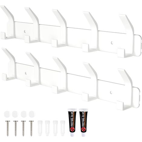 Lot de 2 patères avec 5 crochets, patères murales, patères en aluminium pour chambre, salle de bain, cuisine, blanc (1/5)