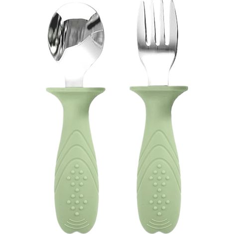 2 Couverts Bébé,Fourchette,Cuillère,Silicone Alimentaire,Acier Inoxydable,Ergonomique,Maison,Voyage