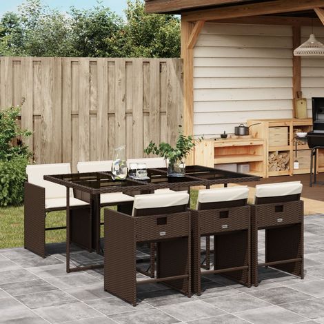 Set comedor de jardín 7 pzas con cojines ratán sintético marrón vidaXL