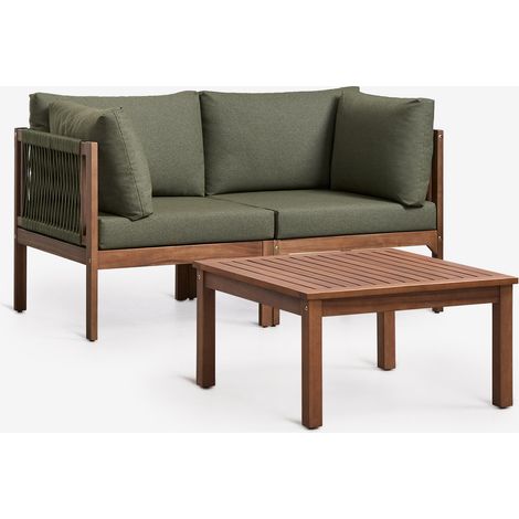 SKLUM Gartenset mit 2-teiliger modularer Sofaeinheit mit Armlehnen und Couchtisch aus Akazienholz Branson Tiefes Grün Olive Akazienbraun dunkel (1/5)