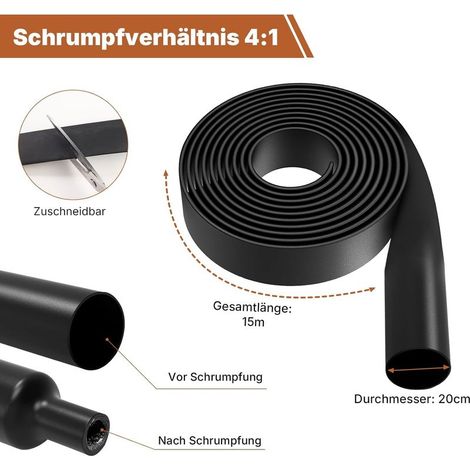 Wärmeschrumpfschlauch mit wasserfestem Klebstoff und Isolierband, schwarz, für Kabelisolierung, Kabelbündelung, Reparaturen (20 mm Durchmesser und 1,5 m) (1/5)