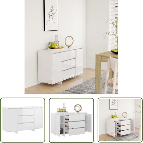 The Living Store Sideboard 3 Schubladen Hochglanz-Weiß 120x41x75cm Holzwerkstoff - Sideboard - Wohnzimmermöbel - Holzmöbel - Weißes Sideboard - Schreibtisch Sideboard (1/5)