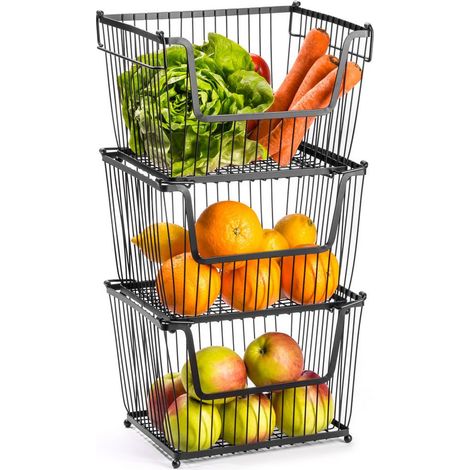 Cesto per frutta e verdura, in metallo nero, 3 pezzi.