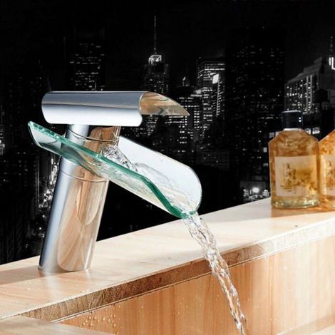 Robinet Mitigeur Lavabo - Cascade En Verre - Laiton Massif - Raccord 3/8 Pouces - Installation 4 Trous - 1 Pièce (1/5)