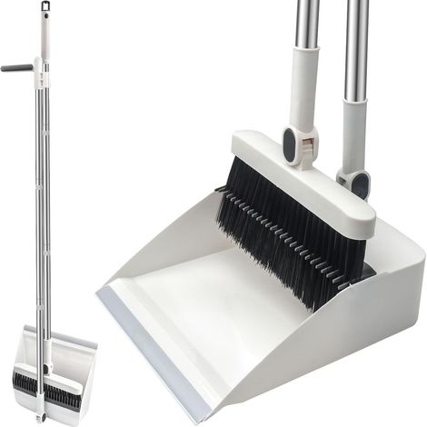 Ensemble balai et pelle à poussière, brosse de balayage à long manche et pelle à poussière verticale avec dents de peigne pour intérieur, maison, cuisine, hall, jardin, bureau (blanc) (1/5)