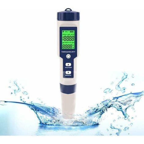 Testeur électronique de PH-mètre, 5 en 1 PH Testeur Thermomètre de poche Qualité de l'eau PH EC Sel TDS pour la maison, la piscine, l'eau d'aquarium (1/4)
