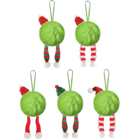 Lot de 5 boules de Noël en fourrure vert citron, 8 cm de diamètre, à suspendre pour décorer votre sapin. (1/5)