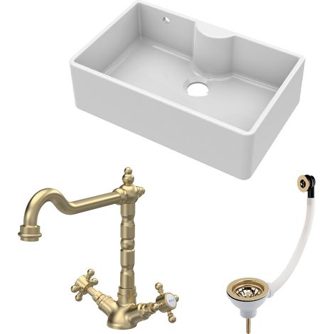 Fireclay Kitchen Bundle - 1 Bowl Butler Sink with Overflow & Ledge, Waste & Classic Tap, 795mm - Brushed Brass