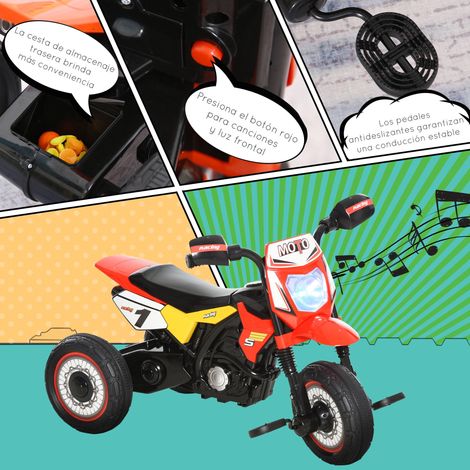 Une moto électrique pour enfants dès 18 mois. Elle ressemble à un VTT, possède trois roues, des effets lumineux et sonores, des pédales, une forme originale et mesure 71 x 40 x 51 cm. Elle est rouge. (1/5)