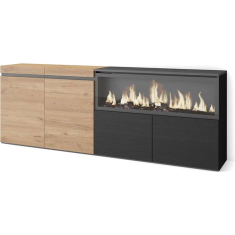 Aparador Cartajima-01 de 208x35x75 cm con 4 puertas, chimenea eléctrica XXL, color roble y negro (1/4)