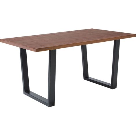 Table de Salle à Manger Industrielle Rustique Moderne Base en Bois et Métal Pieds à Tréteaux 160 x 90 cm Noyer Foncé Austin (1/5)