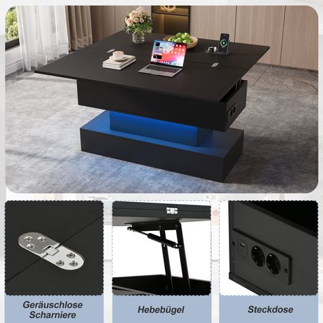 Table basse 100x50x51,5cm avec prises USB-C et USB, table de salon multifonction LED, table relevable réglable en hauteur, table d'appoint et table à manger avec rangement, Noir (1/5)