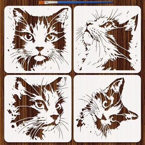 4 Styles Pochoirs Motif Tête Chat Avec Un Pinceau 30x30cm Pochoirs de Peinture Visage de Chat Abstrait Pochoir Graffiti Chats Modèle à Thème Animal pour Bois Mur Tissu Décor Maison (1/5)