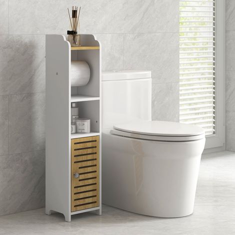 Armario de baño de aglomerado que ahorra espacio, armario multiusos con estante para papel higiénico, estantes abiertos y armario inferior, 18x20x90 cm, blanco