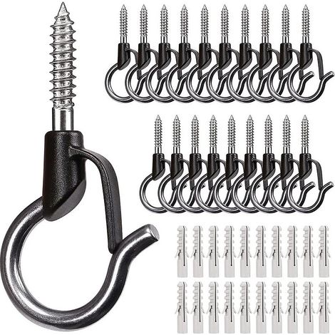 Crochets à vis en plastique de type Q, paquet de 20 crochets noirs - colle noire incluse, avec anneau de sécurité, adaptés à la suspension de rideaux légers d'extérieur. (1/4)
