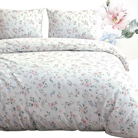 Baumwollbettwäsche 180x200, Satin, Baumwolle, zarte Pastellblumen, weiß (1/5)