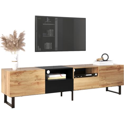 Meuble TV de style moderne — Design à panneaux noirs et imitation bois, vaste espace de rangement, construction robuste et durable (1/5)