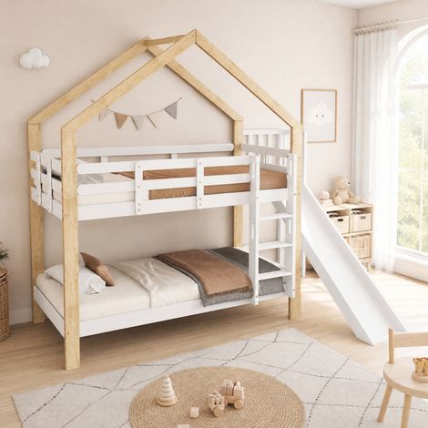 Litera infantil 90x200 cm de madera blanca, ahorra espacio, sin colchón FloraGrace (1/5)