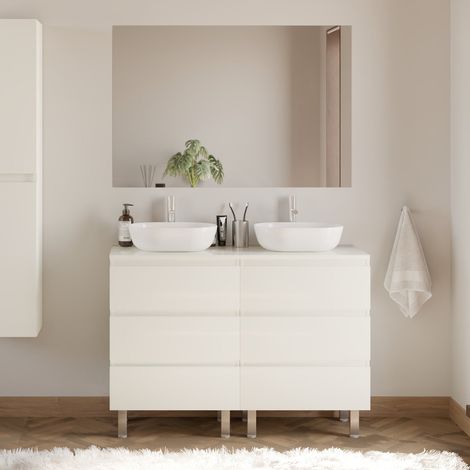 Meuble de salle de bain 120cm avec plateau et 2 vasques à poser arrondies - 6 tiroirs - blanc brillant - MAYOR
